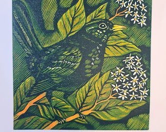 The Blackbird original colour reduction limited edition linocut print