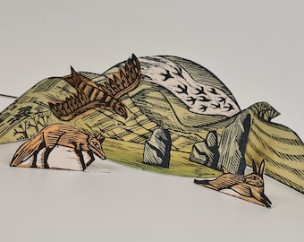 Downland Creatures original linocut diorama art card