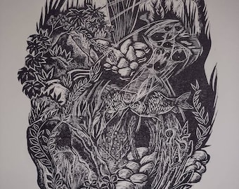 Other World original hand pulled linocut print