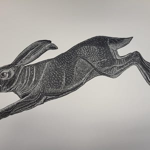 Leaping Hare hand pulled linocut print