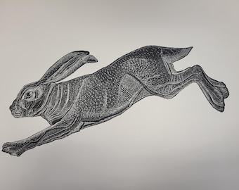Leaping Hare hand pulled linocut print