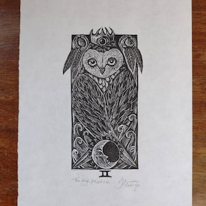 The High Priestess Tarot inspired original linocut print