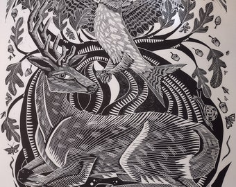 Yggdrasil original hand pulled linocut print