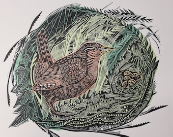 The Wren is a Small Bird original limited edition linocut print