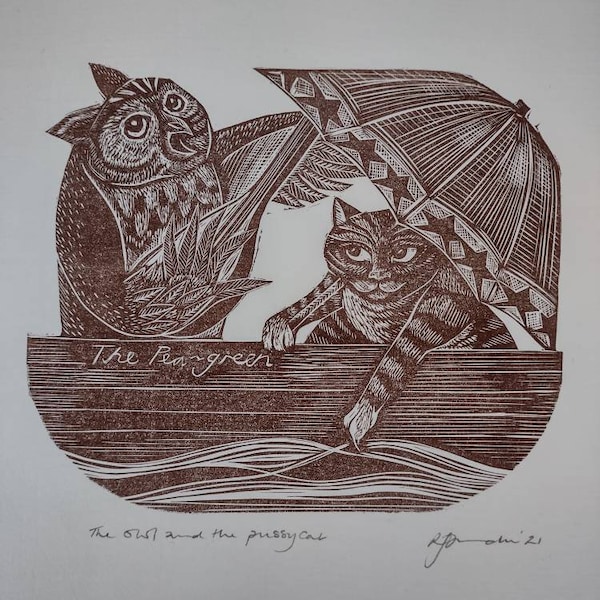 The Owl and the Pussycat original hand printed linocut