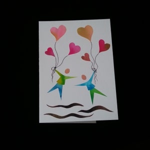 Carte aquarelle St-Valentin sans texte Carte voeux unique Art canadien Aquarelliste canadien Oeuvre recyclée rose bleu cadeau st-valentin