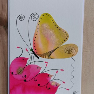 Carte aquarelle sans texte Promotion 3 pour 25 Cadeau Noel unique  Art canadien Oeuvre recyclée papillon rose et vert couleur vibrante