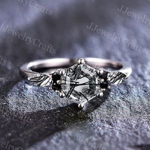 1ct Retro Hexagon Black Rutilated Black Quartz Engagement Ring Silver Rose Gold Black Gemstone Ring Marquise Black Rutilated Cluster Ring