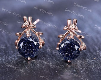 Galaxy Blue Sandstone Earrings Stud Earrings,Vintage Twig Leaf Branch Earrings,Retro Snadstone Jewelry For Women,Anniversary Gift for Her