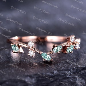 Natural Inspired Leaf Moss Agate Stack Wedding Band Curved Ring Crown Moissanite Wedding Ring Silver Rose Gold Micro Pave Ring For Women