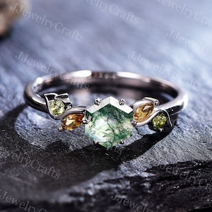 Natural Hexagon Moss Agate Ring,Twig Vine Leaf Ring,Antique arquise Peridot Ring,Retro Bridal Wedding Band,Promise Anniversary Bridal Ring