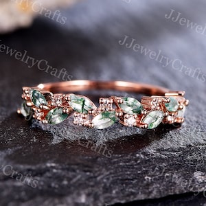 Marquise Moss Agate Wedding Band Moissanite Ring Green Agate Engagement Ring Marquise Green Gems Stacking Ring Women Sterling Silver Ring