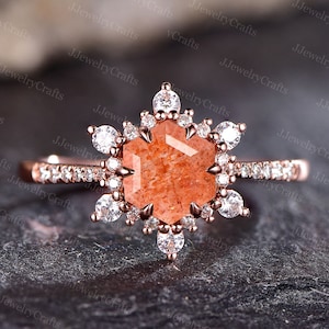 Vintage Hexagon Sunstone Ring For Women Orange Gemstone Engagement Ring Snowflake Wedding Band Art Cluster Anniversary Stack Women Ring