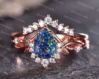 Pear Black Opal Ring Set,Silver Rose Gold,Natural Indspired Black Opal Ring,Chevron Leaf Design Ring,Black Opal Ring,October Birthstone Ring