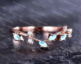 Natural Rainbow Moonstone Ring Branch Leaf Marquise Moonstone Bridal Ring Retro Moonstone June Birthstone Ring Curved Stack Ring Women Gift