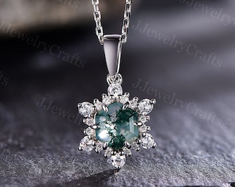 Hexagon Moss Agate Necklace,Green Moss Agate Charm Necklace Jewelry,Flower Snowflake Jewelry,Black Rutilated Stone Women Pendant Jewelry