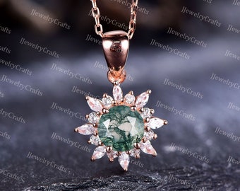 Round Moss Agate Necklace Marquise Leaf Charm Necklace Jewelry Art Halo Moss Agate Birthday Gift Natrual Inspired Retro Pendant for Women