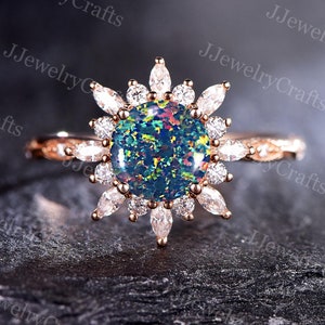 Round Black Opal Ring,Silver Black Opal Snowflake Ring,Branch Leaf Ring,Black Fire Opal Ring,Vintage Twig Black Opal Ring,October Birthstone