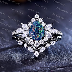 Vintage Schwarzgold Birnen-Schwarz-Opal-Ring, Hexen-Rhodium-Schwarz-Verlobungsring, Gothic-Schwarz-Jubiläumsring, Braut-Set, Oktober-Geburtsstein-Ring