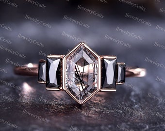 Retro Hexagon Black Rutilated Quartz Ring,Vintage Black Gemstone Silver Rose Gold Ring,Black Baguette Onyx Cluster Ring,Anniversary Ring