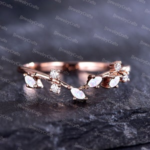 Marquise Opal Wedding Band,Minimalist Marquise Moissanite Ring,Fire Opal Band,October Birthstone Ring,Rose Gold,Marquise Opal Stacking Ring
