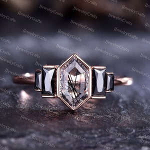 Retro Hexagon Black Rutilated Quartz Ring,Vintage Black Gemstone Silver Rose Gold Ring,Black Baguette Onyx Cluster Ring,Anniversary Ring