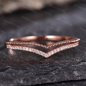 Dainty Chevron Moissanite Wedding Band Double Curved Diamond Stack Band  Milgrain Edge Moissanite Wedding Ring Silver Rose Gold Pave Ring