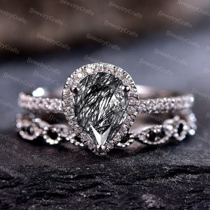 Vintage Black Rutilated Quartz Engagement Ring Set White Gold Ring Pear Shaped Bridal Ring Art Moissanite Ring Black Diamond Band Gift Ring