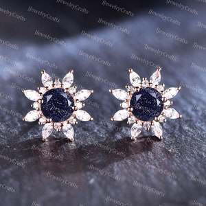 Blauer Sandstein Ohrringe, Galaxie Ohrstecker, Vintage Diamant Halo Schneeflocke Ohrringe, Blumenohrringe, Retro Jahrestag Ohrringe für Frauen
