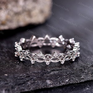 Antique Filigree Wedding Band,Art Deco Moissanite Stack Band,Retro Dainty Wedding Ring,White Gold Stack Wedding Band,Micro Pave Stack Ring
