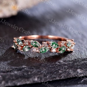 Marquise Moss Agate Wedding Band Moissanite Ring Green Agate Engagement Ring Marquise Green Gems Stacking Ring Women Sterling Silver Ring