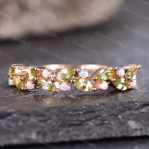 Peridot Wedding Band,Art Deco Opal Stack Band,August Birthstone Wedding Ring,Silver Rose Gold Micro Pave Ring.Octorber Birthstone Ring Gift
