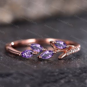 Marquise Amethyst Leaf Ring Retro February Birthstone Stack Matching Band Leaf Branch Cluster Band Vintage Natural Inspired Ring For Women