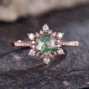 Hexagon Cut Natural Green Moss Agate Ring,Snowflake Moss Agate Engagement Ring,Moissanite Cluster Ring,Art Deco Halo Anniversary Stack Ring