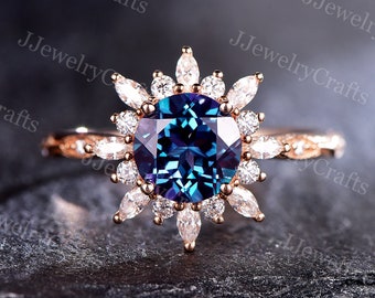 Alexandrite Ring Vintage Round Snowflake Color-Change Alexandtite Ring Vintage June Birthstone Ring Art Halo Cluster Bridal Flower Gift Ring