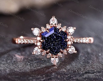 Vintage Galaxy Engagement Ring,Silver Rose Gold Snowflake Blue Sandstone Ring,Planet Ring,Geometric Ring,Art Deco Halo Galaxy Gemstone Ring