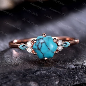 Retro Turquoise Engagement Ring,Vintage Silver Turquoise Bridal Wedding Ring,Hexagon Turquoise Ring For Women,Bridal Anniversary Ring Gift