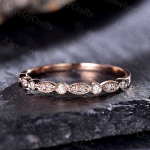Marquise Moissanite Wedding Band,Art Deco Milgrain Diamond Stack Band,Dainty Moissanite Wedding Ring,Silver Rose Gold,Stack Micro Pave Ring