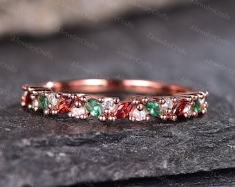 Marquise Emerald Wedding Ring Garnet Cluster Ring May Birthstone Stacking Wedding Band Silver Anniversary Band Minimalist Promise Gift Ring