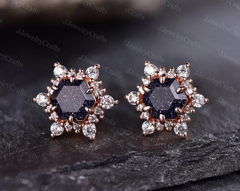 Hexagon Blue Sandstone Earrings Galaxy Stud Earrings Vintage Diamond Halo Snaowflake Earrings Retro Jewelry For Women Anniversary Gift