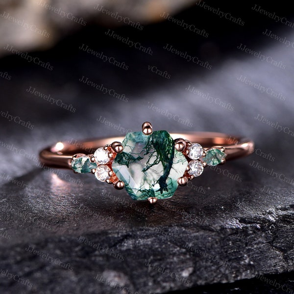 Hexagon Moss Agate Ring,Silver Rose Gold,Marquise Moss Agate Engagement Ring,Moissanite Cluster Ring,Vintage Anniversary Stack Promise Ring