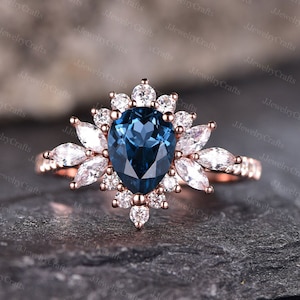 Pear Alexandrite Cluster Ring,Color Change Alexandrite Engagement Ring,Marquise Moissanite Cluster June Birthstone Ring,Women Promise Ring