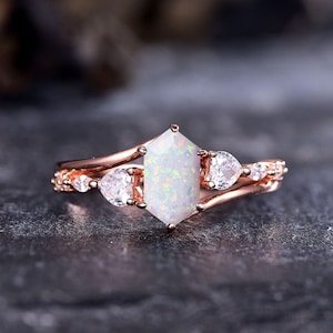 Retro Long Hexagon Fire Opal Ring Fire Opal Engagement Ring October Birthstone Ring Silver Rose Gold Opal Ring For Women Diamond Bridal Ring
