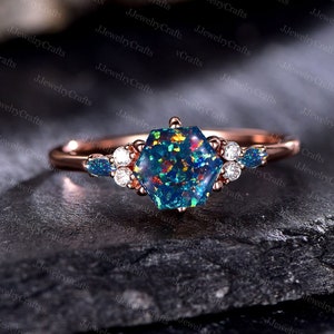 Natural Black Opal Ring,Sterling Silver,Black Opal Ring,Fire Opal Ring,Black Fire Opal Ring,Hexagon Black Opal Ring,October Birthstone Ring