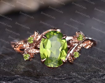 Ovale Peridot Ring, Rose Gold Pearidot Branch Leaf Ring, Bruidstrouwring, Peridot Verlovingsring, Augustus Birthstone Ring, Twig Promise Ring