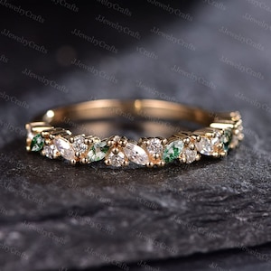 Marquise Moss Agate Wedding Band Vintage Moissanite Ring Green Agate Stack Ring Marquise Moissanite Stacking Ring Women Sterling Silver Ring
