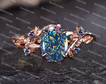 Oval Black Opal Ring,Silver Black Opal Leaf Ring,Branch Leaf Ring,Black Fire Opal Ring,Vintage Twig Black Opal Ring,October Birthstone Ring