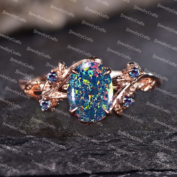 Ovaler Schwarzer Opalring, Vintage Zweig Schwarzer Opal Ring, Zweig Blatt Ring Silber, Schwarzer Opal Ring, Oktober Geburtsstein Ring