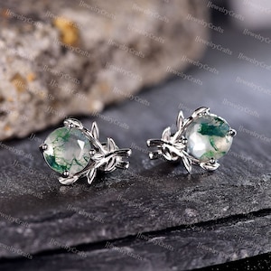 Moss Agate Leaf Stud Earring Nature Leaf Branch Earring For Women Vine Leaf Earrings White Gold Cluster Stud Retro Jewelry Anniversary Gift