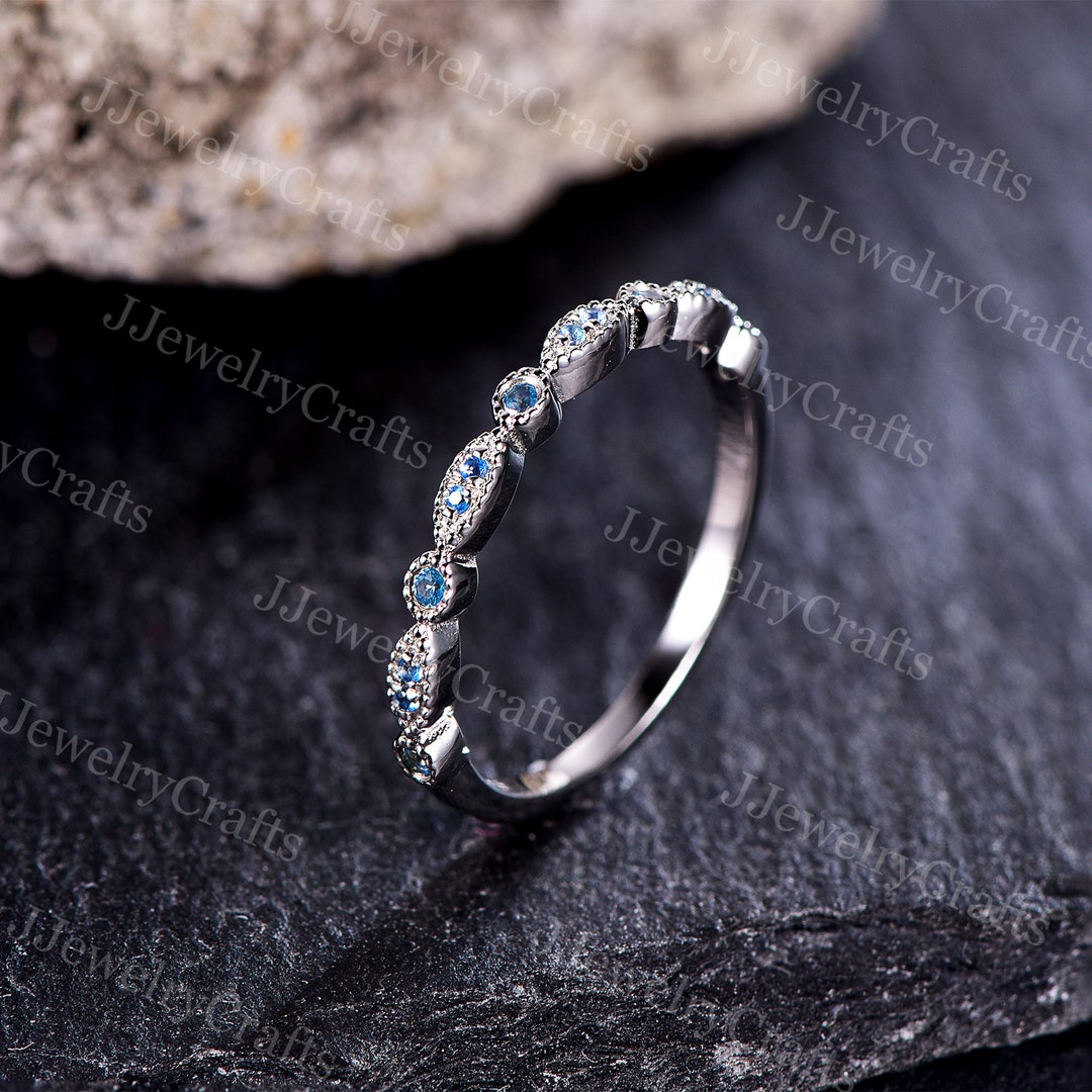 Topaz Stack Wedding Ring,blue Birthstone Wedding Band,milgrain Bridal ...